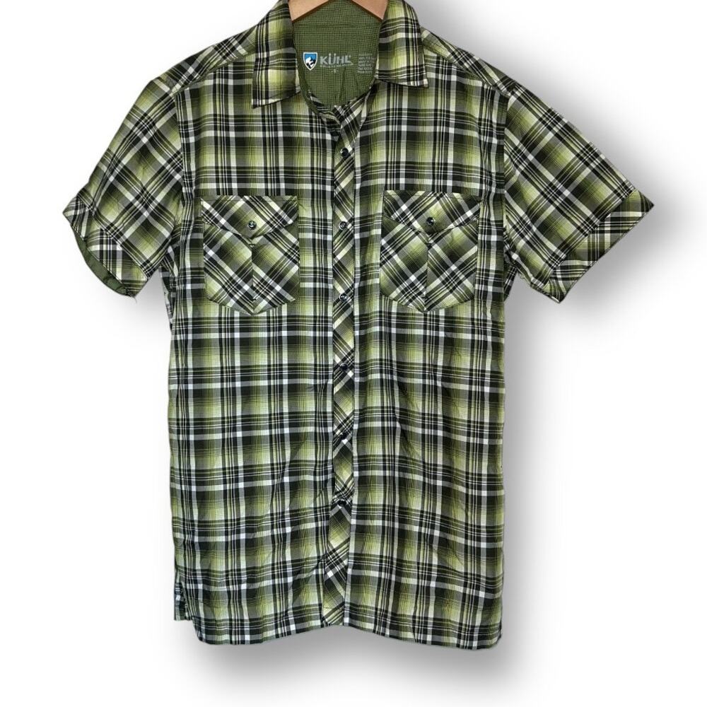 KUHL Eluxur Short Sleeve Pearl Snap Western Plaid Green Shirt Sz S